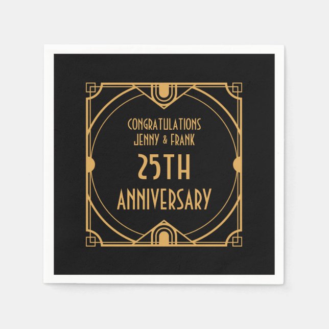 Art Deco Names 25th Silver Wedding Anniversary Napkin (Front)