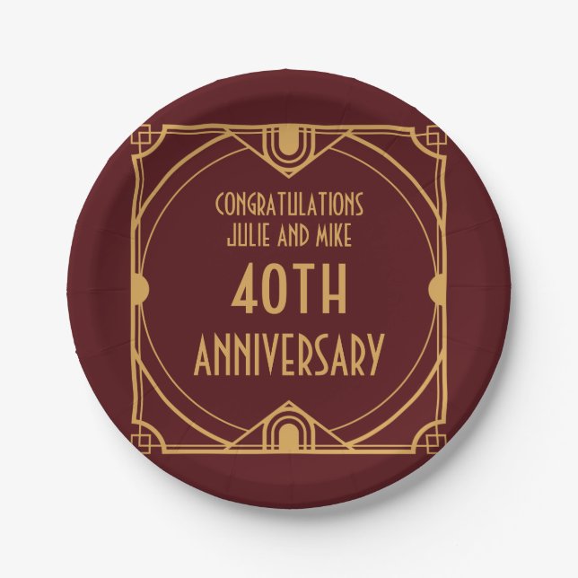 Art Deco Names 40th Wedding Anniversary Ruby Red Paper Plate (Front)