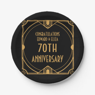 Art Deco Names 70th Wedding Anniversary Black Paper Plate