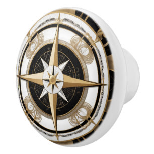 Art Deco Nautical Compass Rose Black White Gold Ceramic Knob