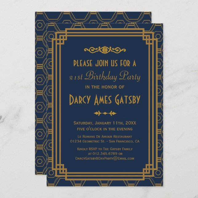 Art Deco Navy Birthday Party Invites (Front/Back)