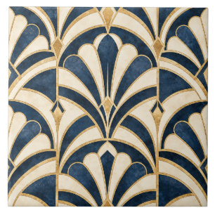 Art Deco Navy Blue and Gold Fan Ceramic Tile