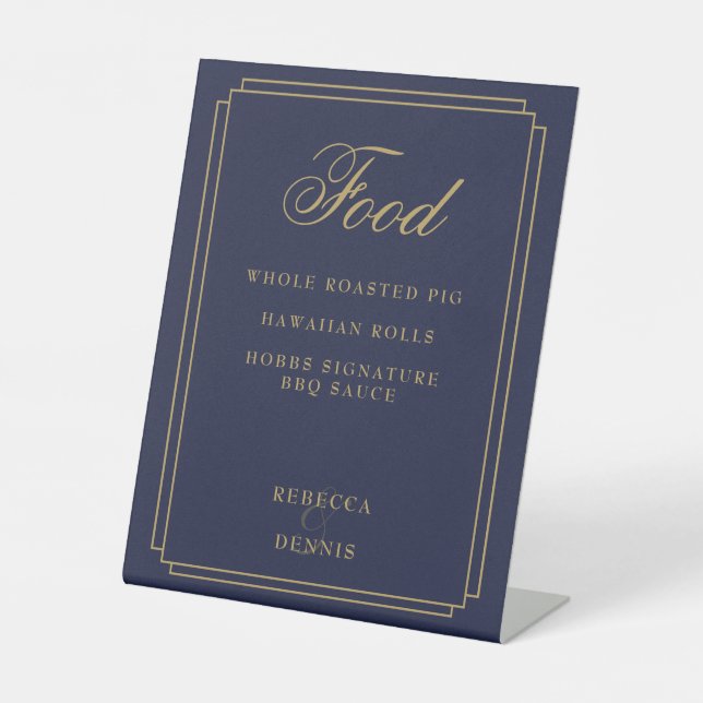 Art Deco Navy Blue And Gold Food Menu Pedestal Sign (Front)