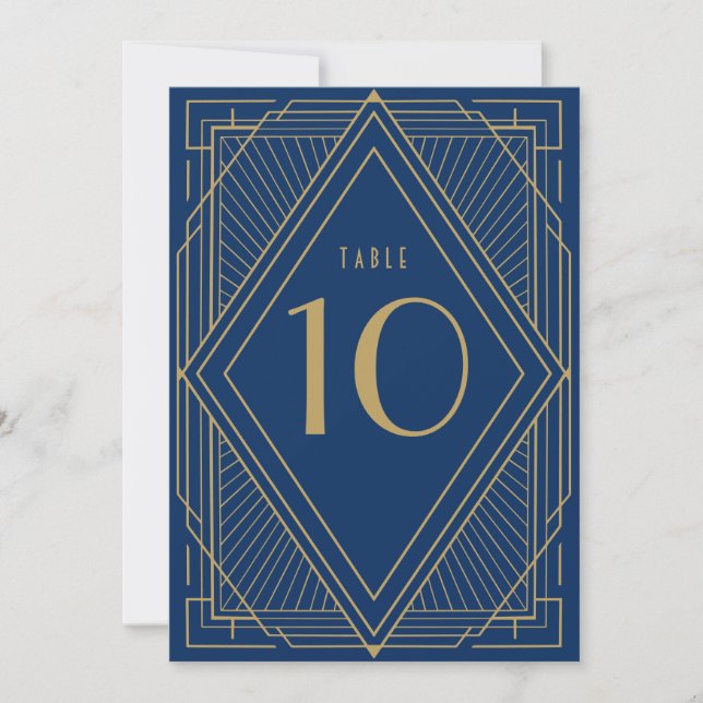 Art Deco Navy Blue and Gold Table Number Card (Front)