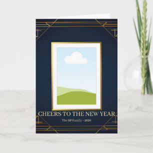 Art Deco Navy Blue Gold Family Photo Christmas Car Card