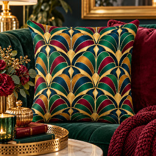 Art Deco Navy, Burgundy, Gold, Green Geometric   Throw Pillow