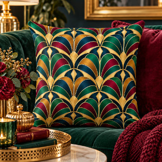 Art Deco Navy, Burgundy, Gold, Green Geometric | Throw Pillow