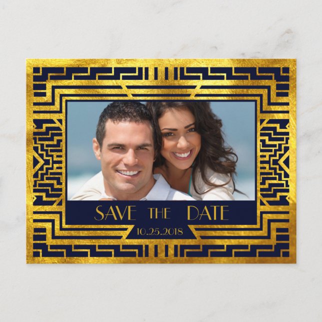 Art Deco Navy Gold Geometric Modern Save the Date Announcement Postcard (Front)