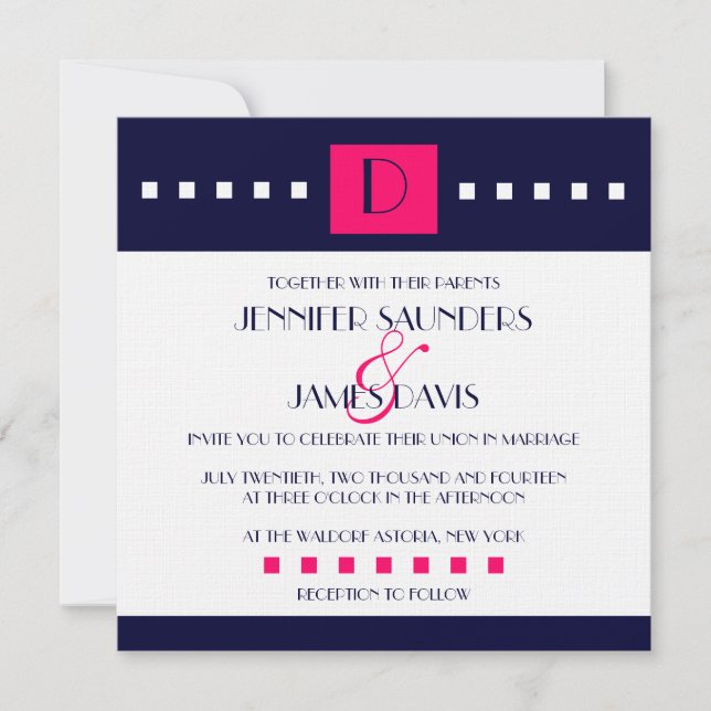 Art Deco Navy Pink Monogram D Wedding Invitations (Front)