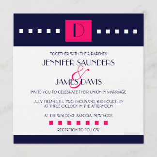 Art Deco Navy Pink Monogram D Wedding Invitations