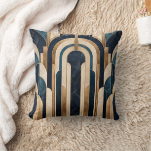 Art Deco Navy Teal Gold Architectural Throw Pillow