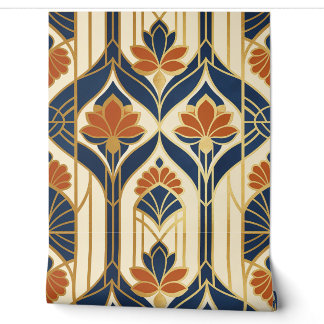 Art Deco Navy Terracotta & Gold Lotus Floral Wallpaper