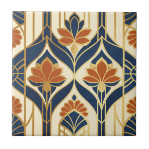 Art Deco Navy Terracotta & Gold Lotus Tile