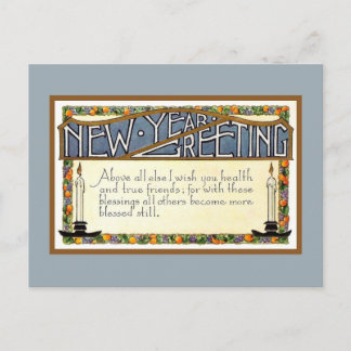 Art Deco New Year Greeting verse blue Holiday Postcard