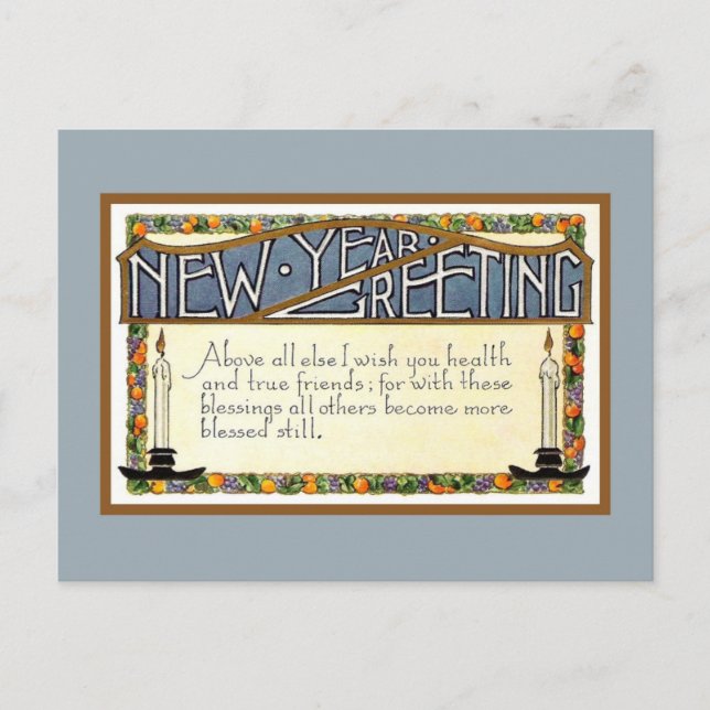 Art Deco New Year Greeting verse blue Holiday Postcard (Front)