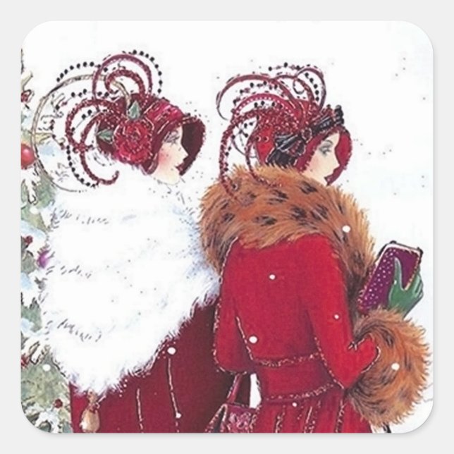 Art déco Noël Vacances dames autocollant rétro (Devant)
