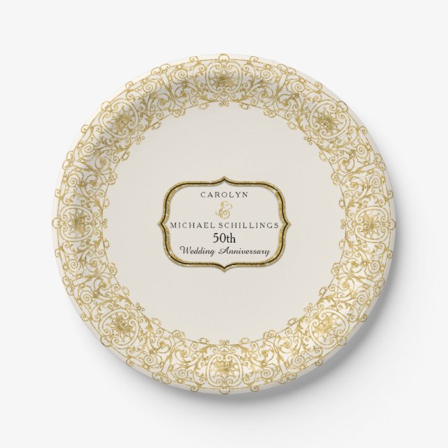 Art Deco Nouveau 50th Wedding Anniversary Party Paper Plate (Front)