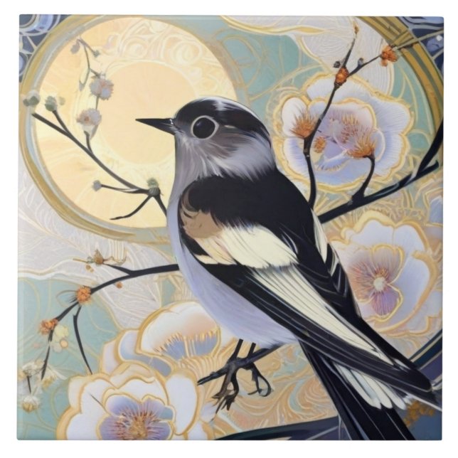 Art Deco Nouveau Bird on Branch Muted Floral Tile (Front)