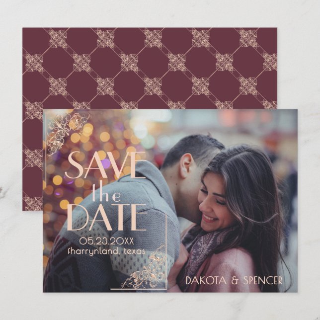 Art Deco Nouveau | Burgundy Rose Gold Blush Photo Save The Date (Front/Back)