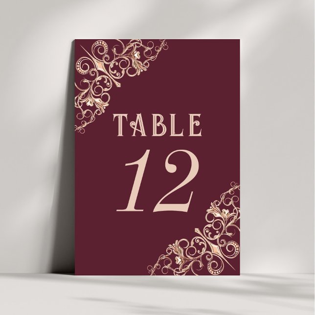 Art Deco Nouveau | Burgundy Rose Gold Ornamental Table Number (Creator Uploaded)