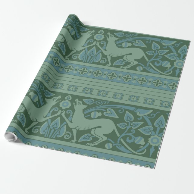 Art Deco Nouveau Dog Nature Animal Pattern Wrapping Paper (Unrolled)
