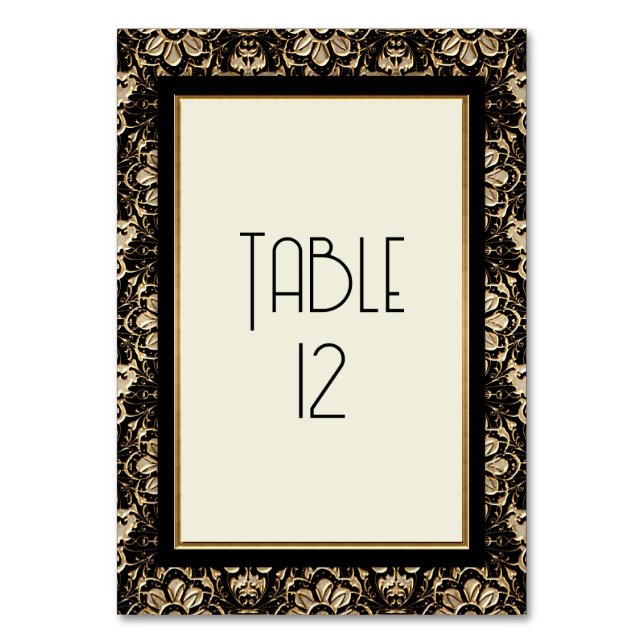 Art Deco Nouveau Elegant Black White Gold Wedding Table Number (Front)