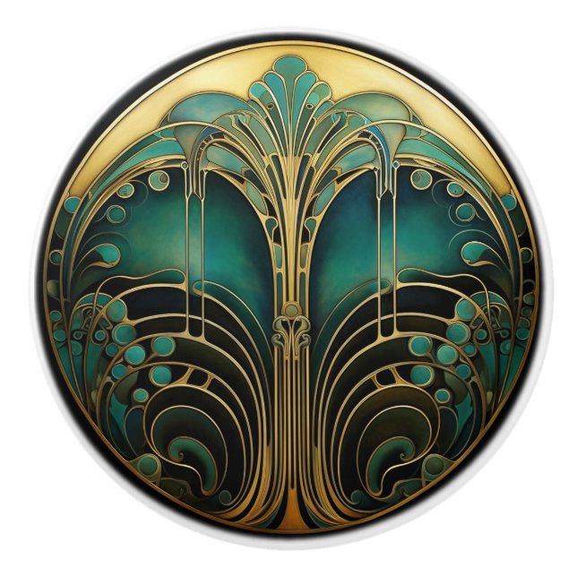  Art Deco Nouveau Elegant Turquoise Gold  Black  Ceramic Knob (Front)