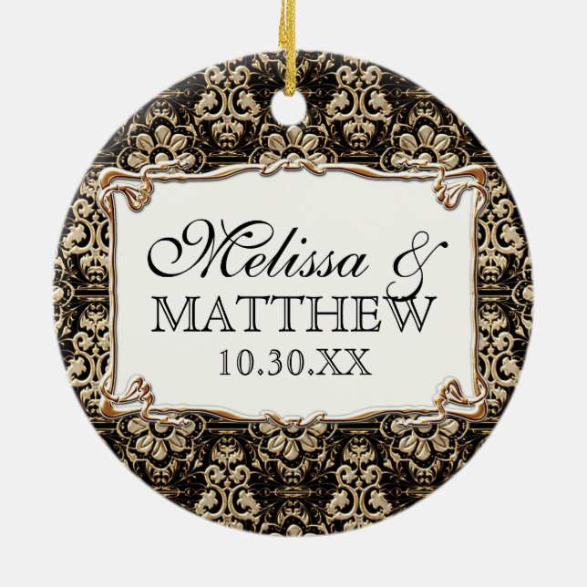 Art Deco Nouveau Faux Gold Floral Damask Lace Ceramic Ornament (Back)