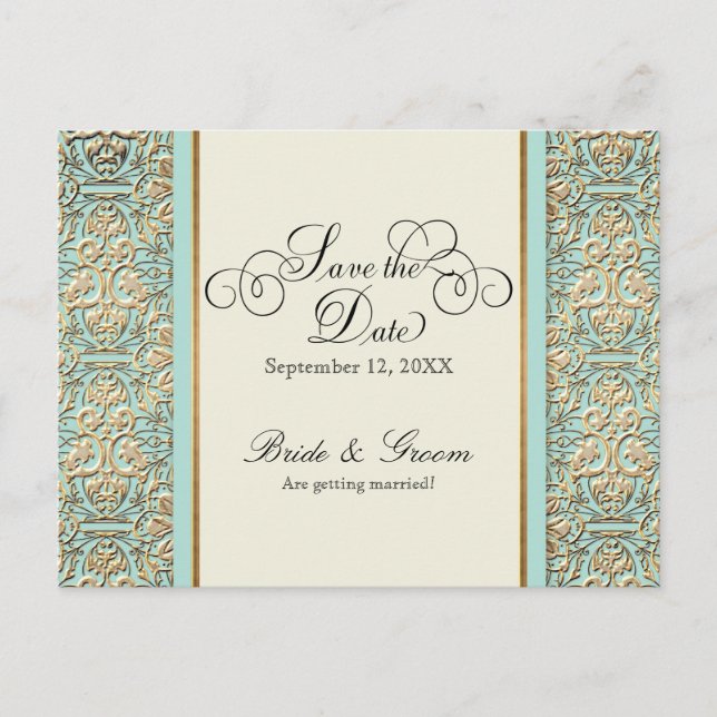 Art Deco Nouveau Faux Gold Floral Damask Lace Invitation Postcard (Front)