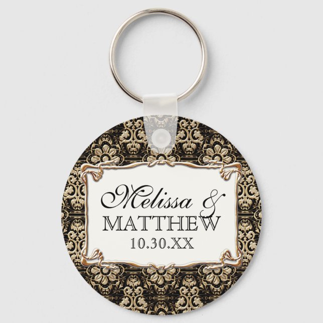 Art Deco Nouveau Faux Gold Floral Damask Lace Keychain (Front)