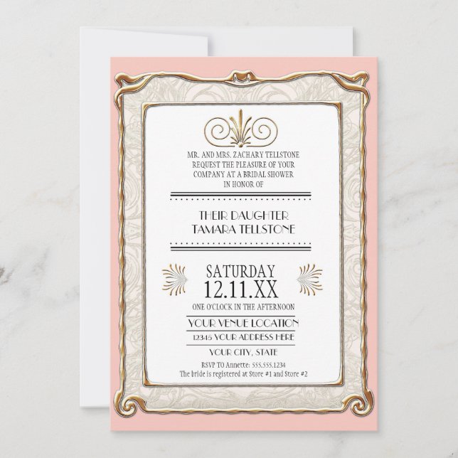 Art Deco Nouveau Gatsby Style Gold n Lace Look Invitation (Front)