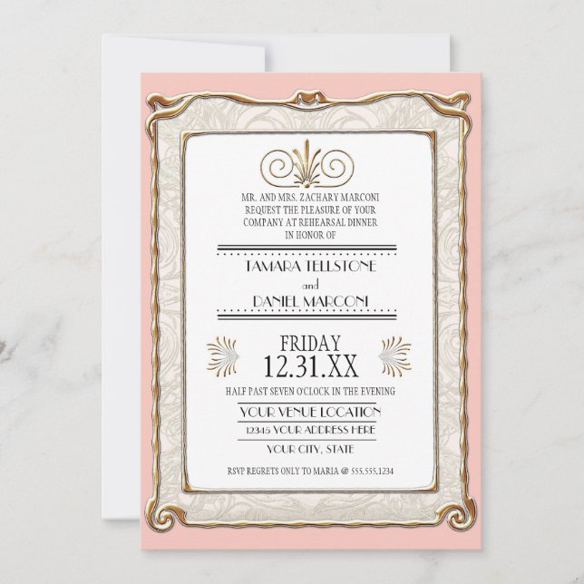 Art Deco Nouveau Gatsby Style Gold n Lace Look Invitation (Front)