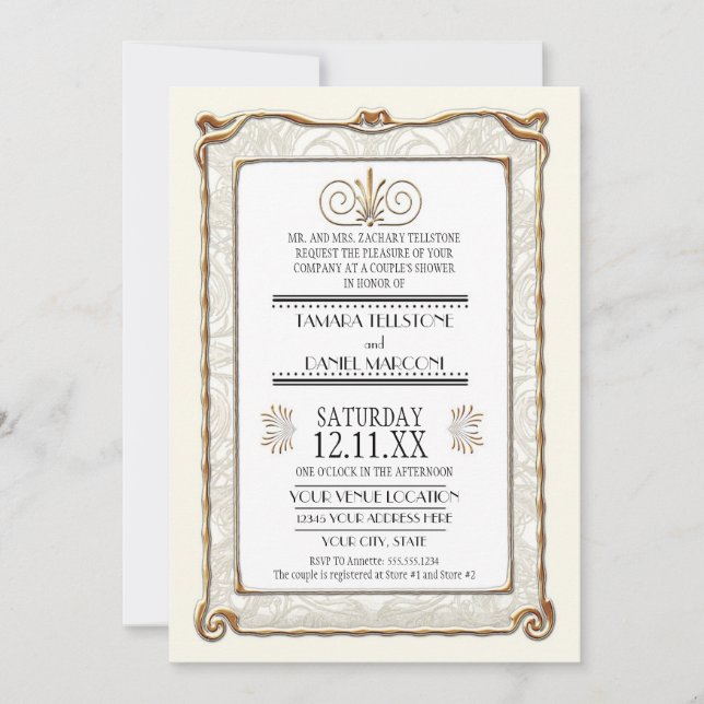Art Deco Nouveau Gatsby Style Gold n Lace Look Invitation (Front)