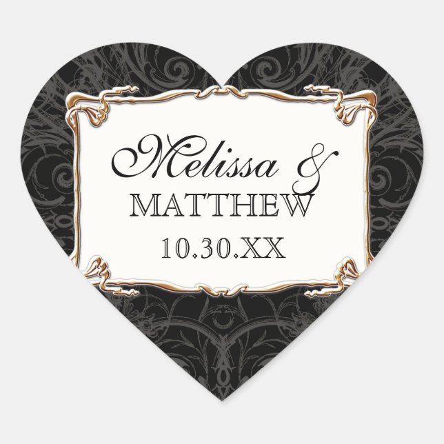 Art Deco Nouveau Lace n Gold Look Personalized Heart Sticker (Front)