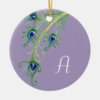 Art Deco Nouveau Style Peacock Feathers Swirl Ceramic Ornament