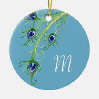 Art Deco Nouveau Style Peacock Feathers Swirl Ceramic Ornament