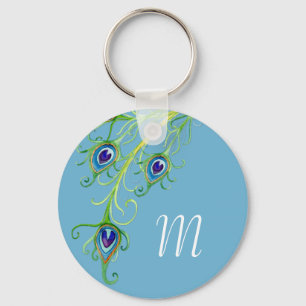 Art Deco Nouveau Style Peacock Feathers Swirl Keychain