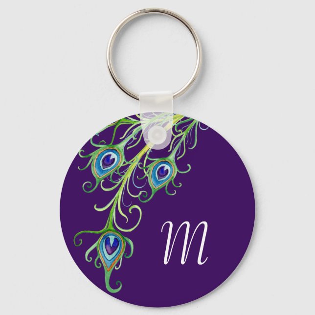 Art Deco Nouveau Style Peacock Feathers Swirl Keychain (Front)