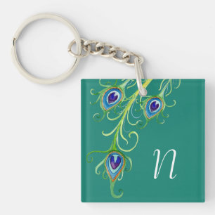 Art Deco Nouveau Style Peacock Feathers Swirl Keychain