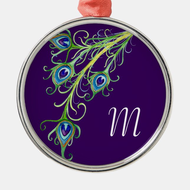 Art Deco Nouveau Style Peacock Feathers Swirl Metal Ornament (Front)