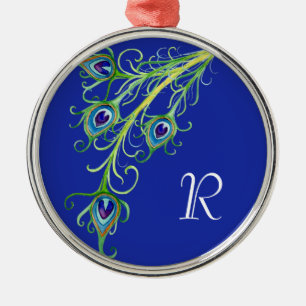 Art Deco Nouveau Style Peacock Feathers Swirl Metal Ornament