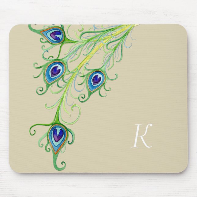 Art Deco Nouveau Style Peacock Feathers Swirl Mouse Pad (Front)