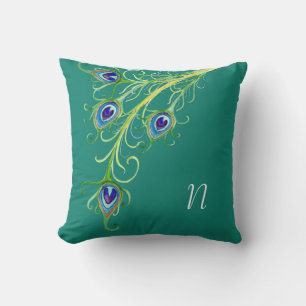 Art Deco Nouveau Style Peacock Feathers Swirl Throw Pillow