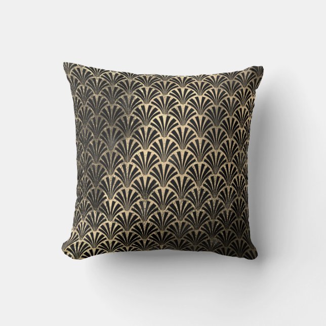Art Deco Ocean Black Sepia Gold Seashells Scale Throw Pillow (Front)