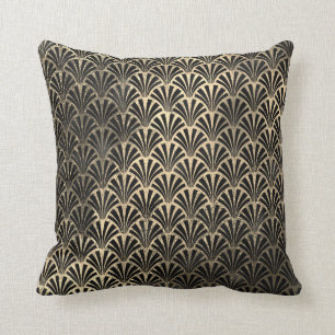 Art Deco Ocean Black Sepia Gold Seashells Scale Throw Pillow