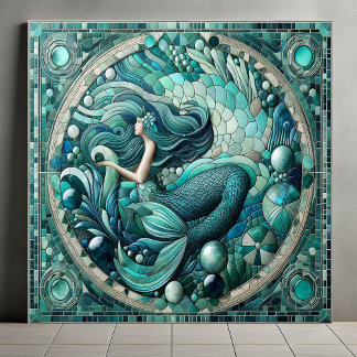 Art Deco Ocean Mermaid Aqua Blue Coral Mosaic Cool Tile