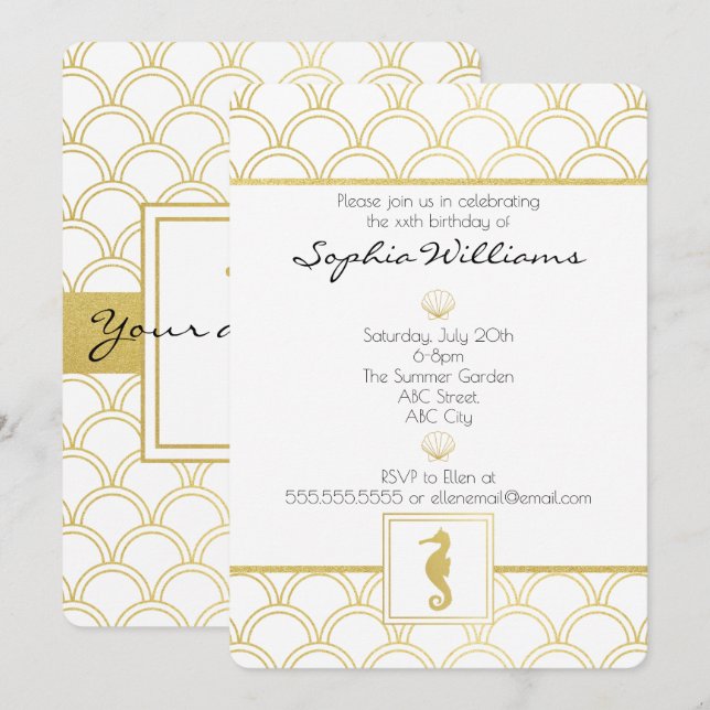 Art Deco Ocean Wave Gold Glitter Seahorse Birthday Invitation (Front/Back)