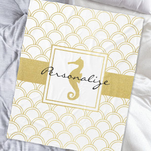 Art Deco Ocean Wave Gold Seahorse Beach House Fleece Blanket