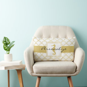 Art Deco Ocean Wave Gold Seahorse Beach House Lumbar Pillow