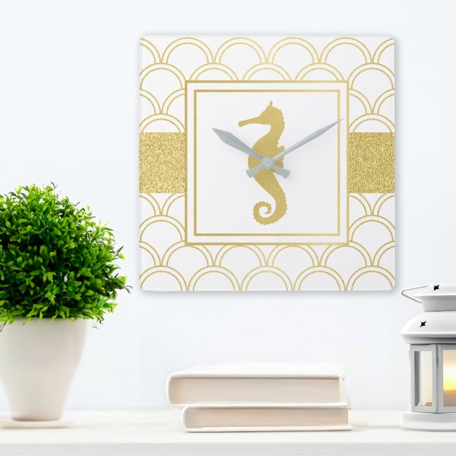 Art Deco Ocean Wave Gold Seahorse Beach House Square Wall Clock (Creator Uploaded)